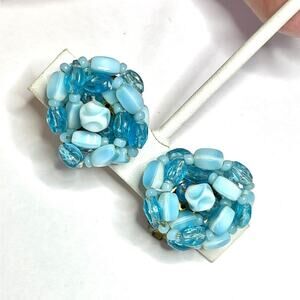 Vintage Clip Earrings West Germany Blue Glass Bead Vtg Costume Jewelry Lot M03